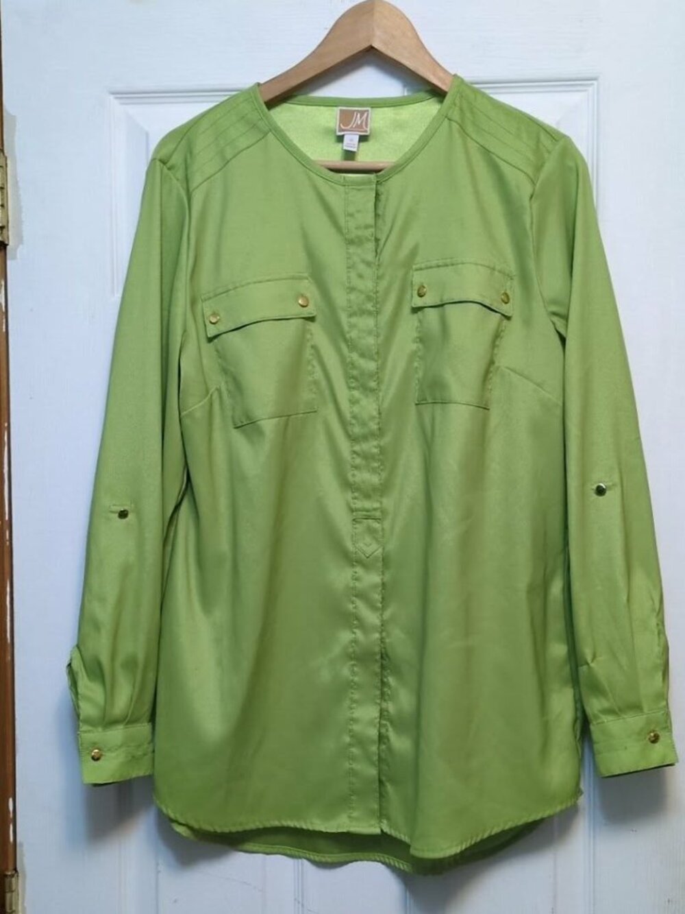 JM Collection Blouse Sz 12 Lime Green Roll Tab Sleeve Utility Pocket Top Button